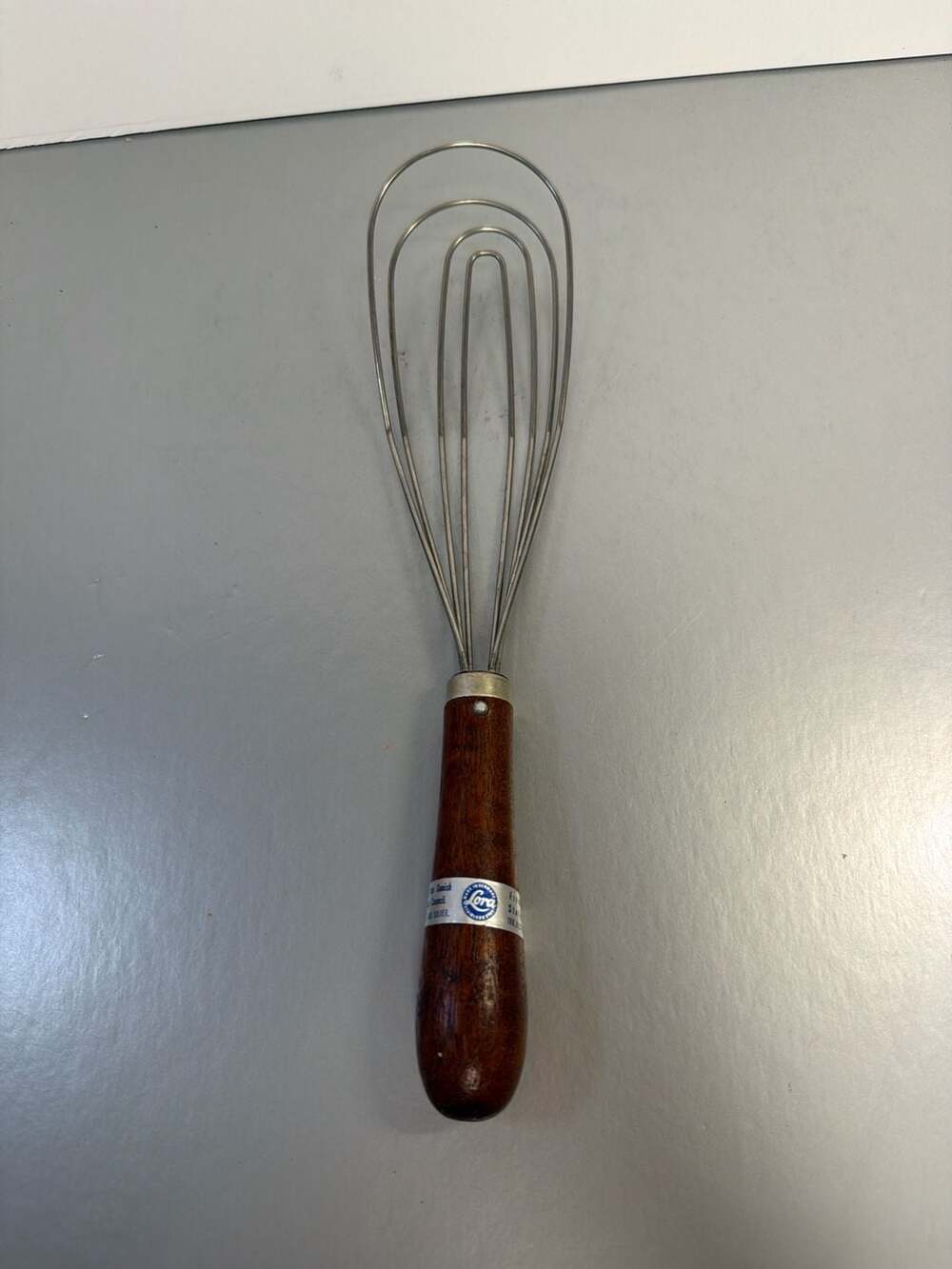 Lora Vintage Danish Flat Roux Whisk Stainless Steel Wood Handle 10.5"